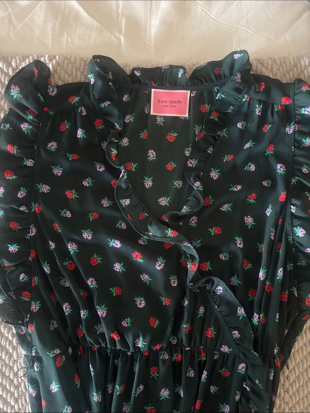 kate spade dark green floral ruffle wrap dress